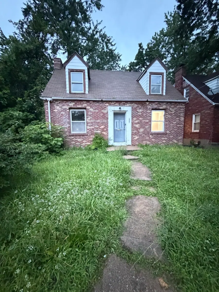 Brick cape before work: knee-high grass swallowing the front walk, overgrown shrubs against the foundation, weathered brick and a bare doorway