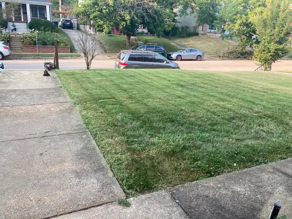 A front lawn cut and striped, edged clean along the drive.