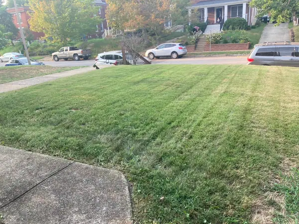 The same lawn from the street, mown in stripes end to end.